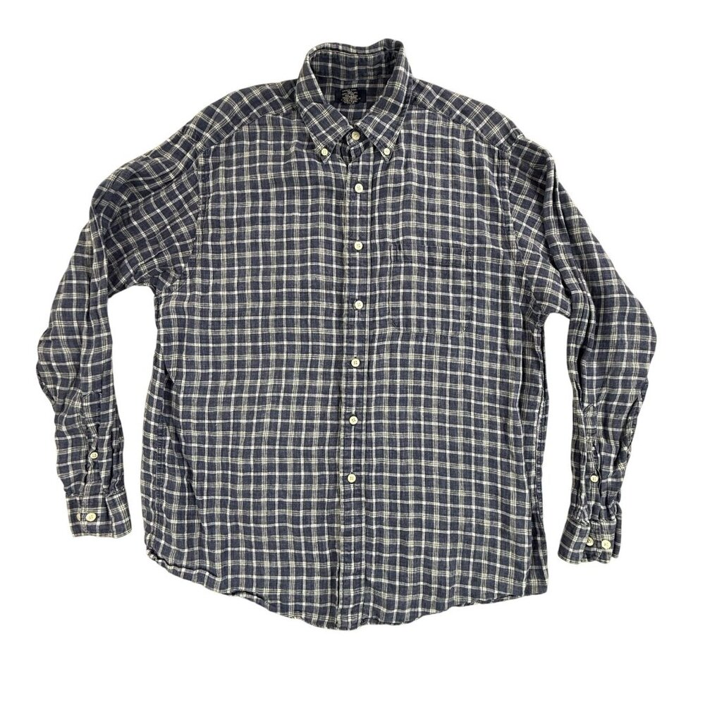 Vintage Brooks Brothers 346 Shirt Mens Large Blue Plaid Linen Button Long Sleeve